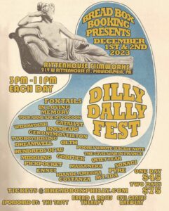 Dilly Dally Festival poster listing alternative music acts across two days, yellow-gold main poster with blue design in background.